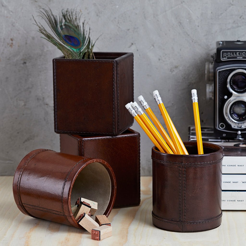 Desk Accessories - conker brown leather desk mat, pen pot, box file