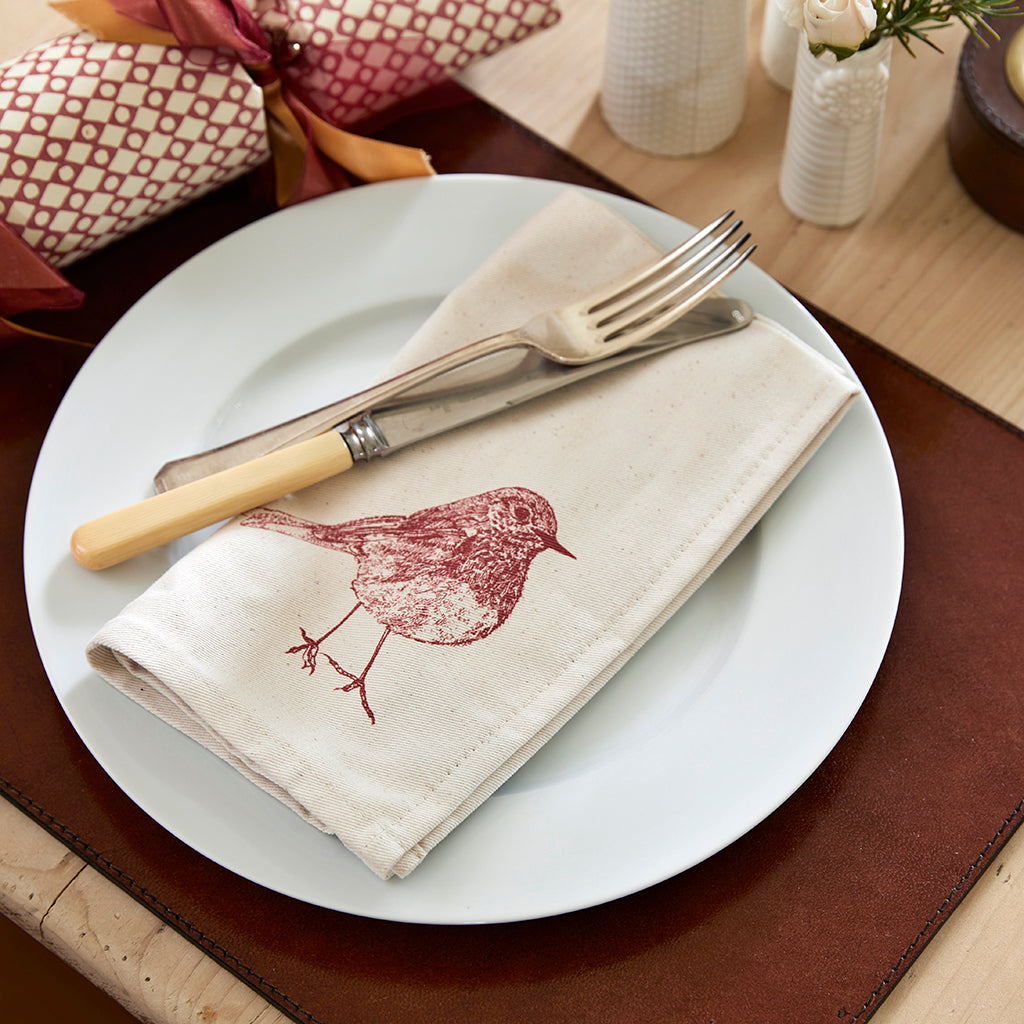 Set of six cotton napkins with red robin design