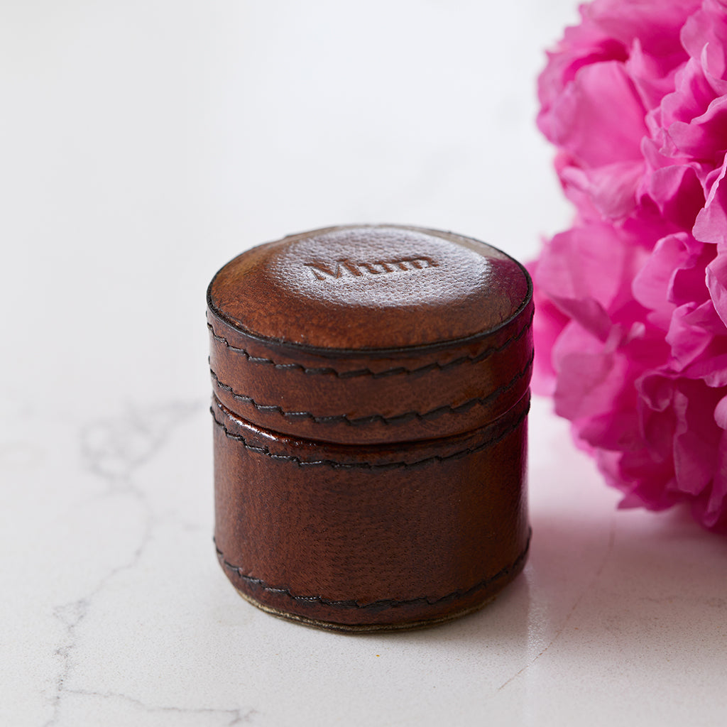 Leather tiny round trinket box personalised