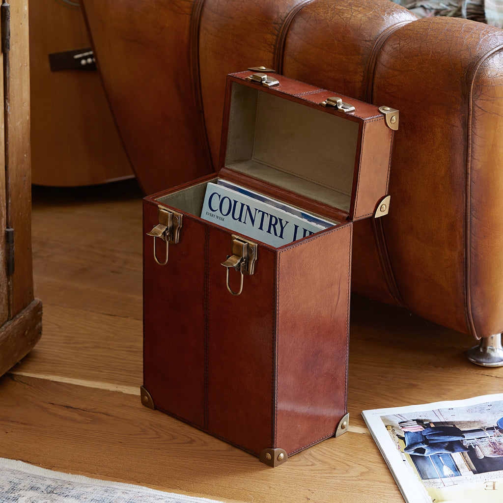 Leather periodical storage case open
