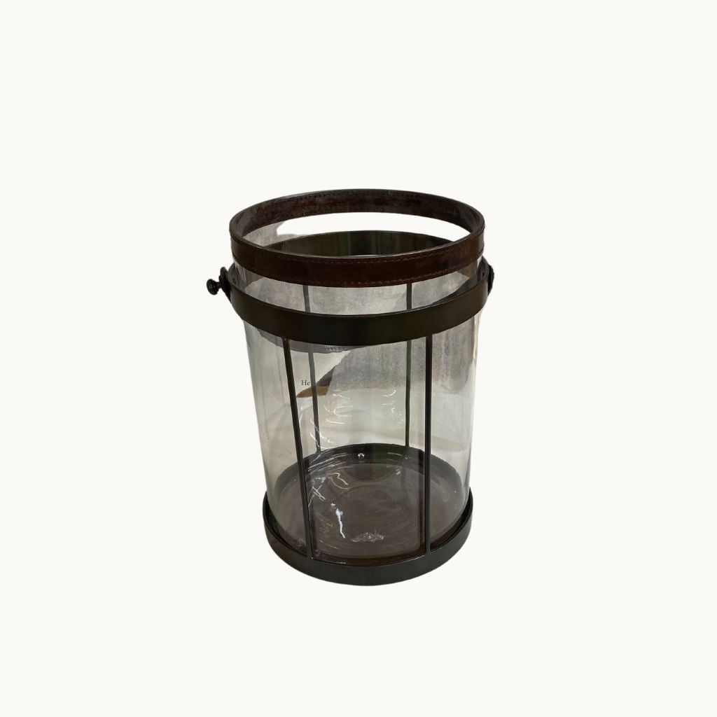 Sample Round Metal and Leather Lantern - Dark Brown