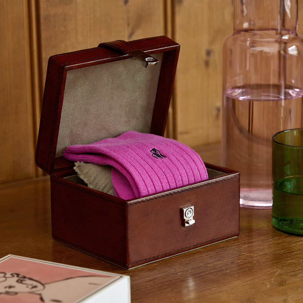 Bright pink  socks in a leather keepsake box - box can be personalised