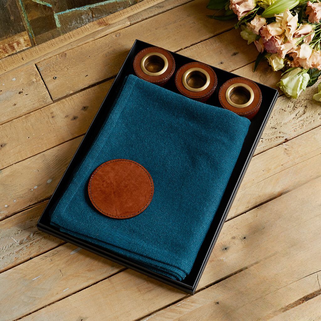 Cosy Gift box with set of three leather tea-light and round leather coaster