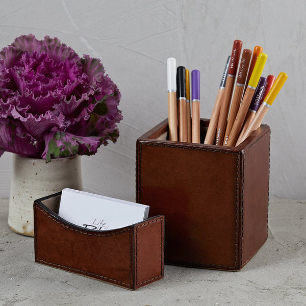 Leather Desk Set. Popular gift. Card holder and pen pot.