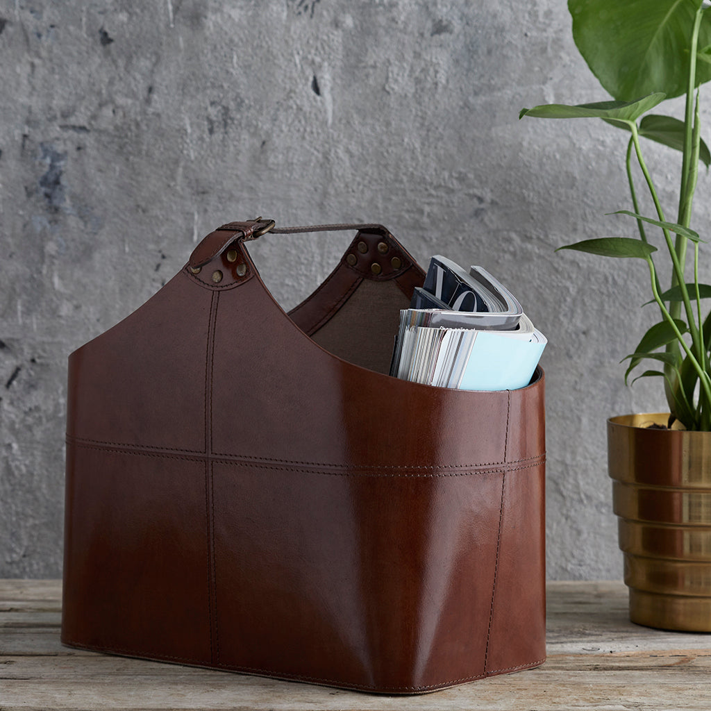 Leather buckled magazine basket in conker brown 