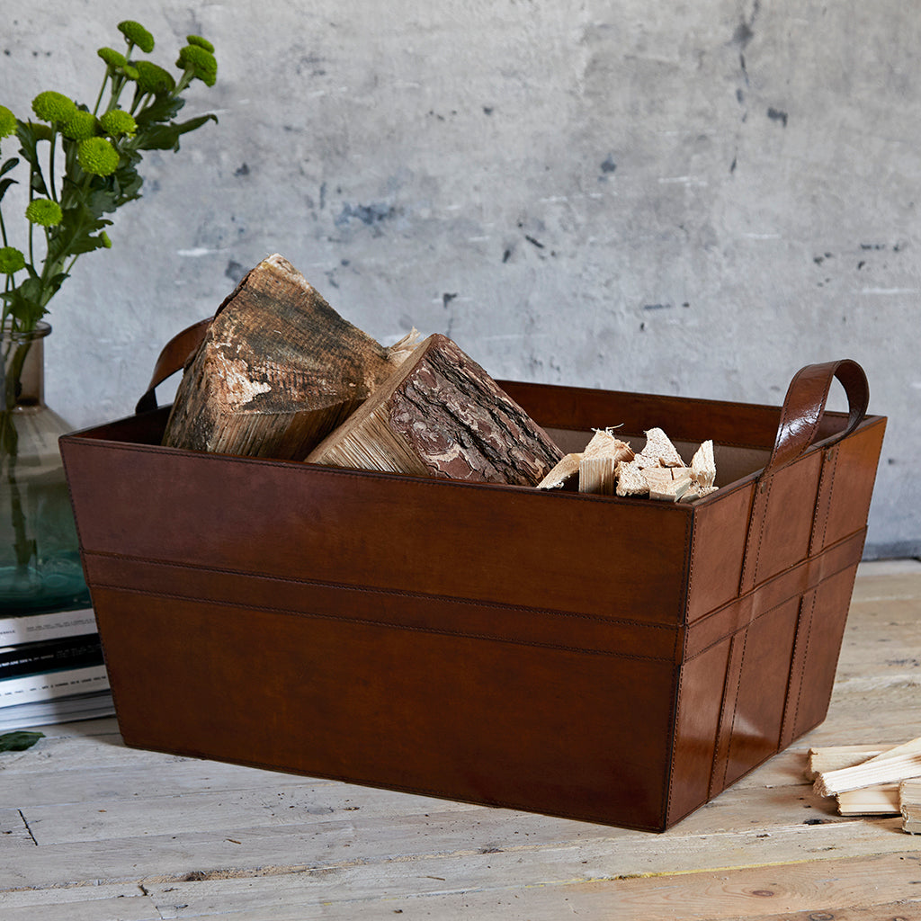 Leather log basket suitable for large logs and kindling as shown here